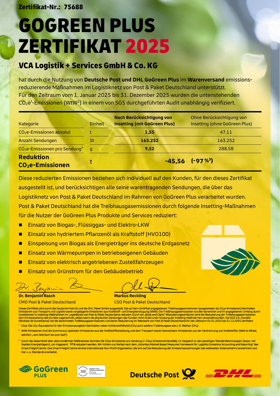 DHL GoGreen Plus Zertifikat 2025 für artgerecht
