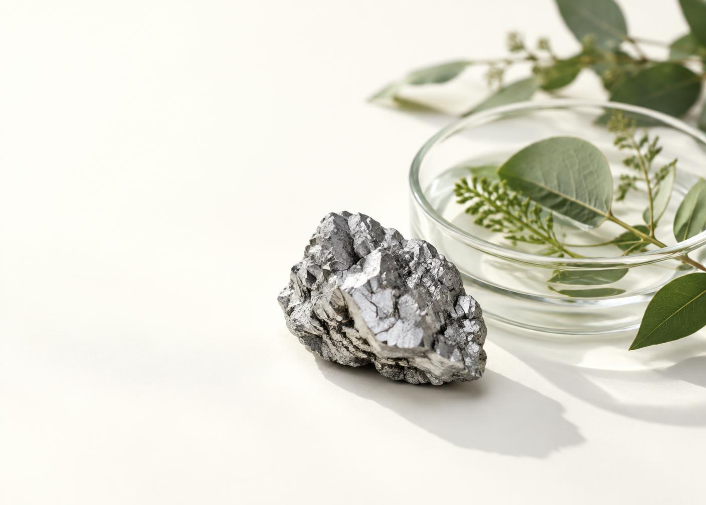 Zinkmineral und botanische Blätter in einer Glasschale