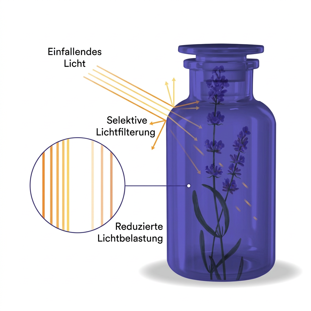 Schematische Darstellung der selektiven Lichtfilterung durch MIRON® Violettglas mit reduzierter Lichtbelastung im Inneren