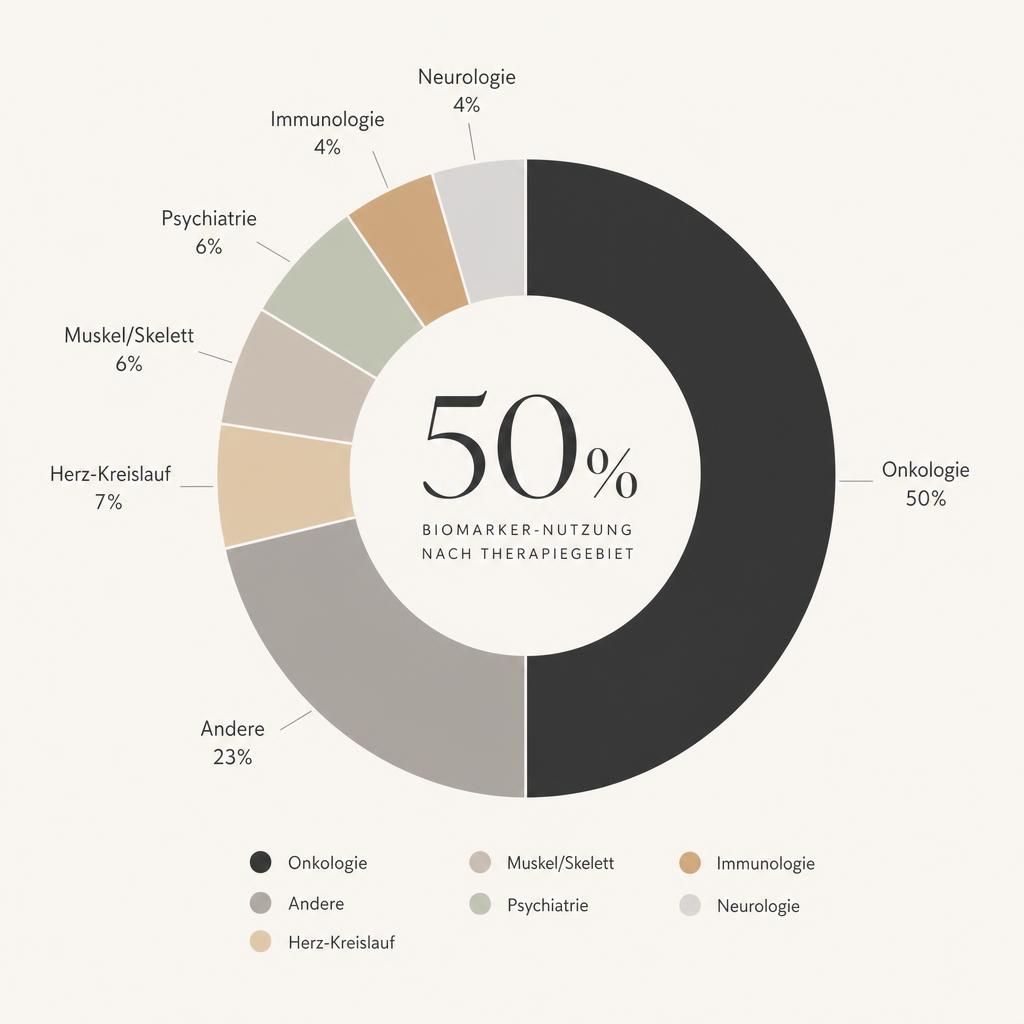 Donut-Diagramm: Verteilung der Biomarker nach Therapiegebiet – Onkologie 50%, Andere 23%, Herz-Kreislauf 7%, Muskel/Skelett 6%, Psychiatrie 6%, Immunologie 4%, Neurologie 4%