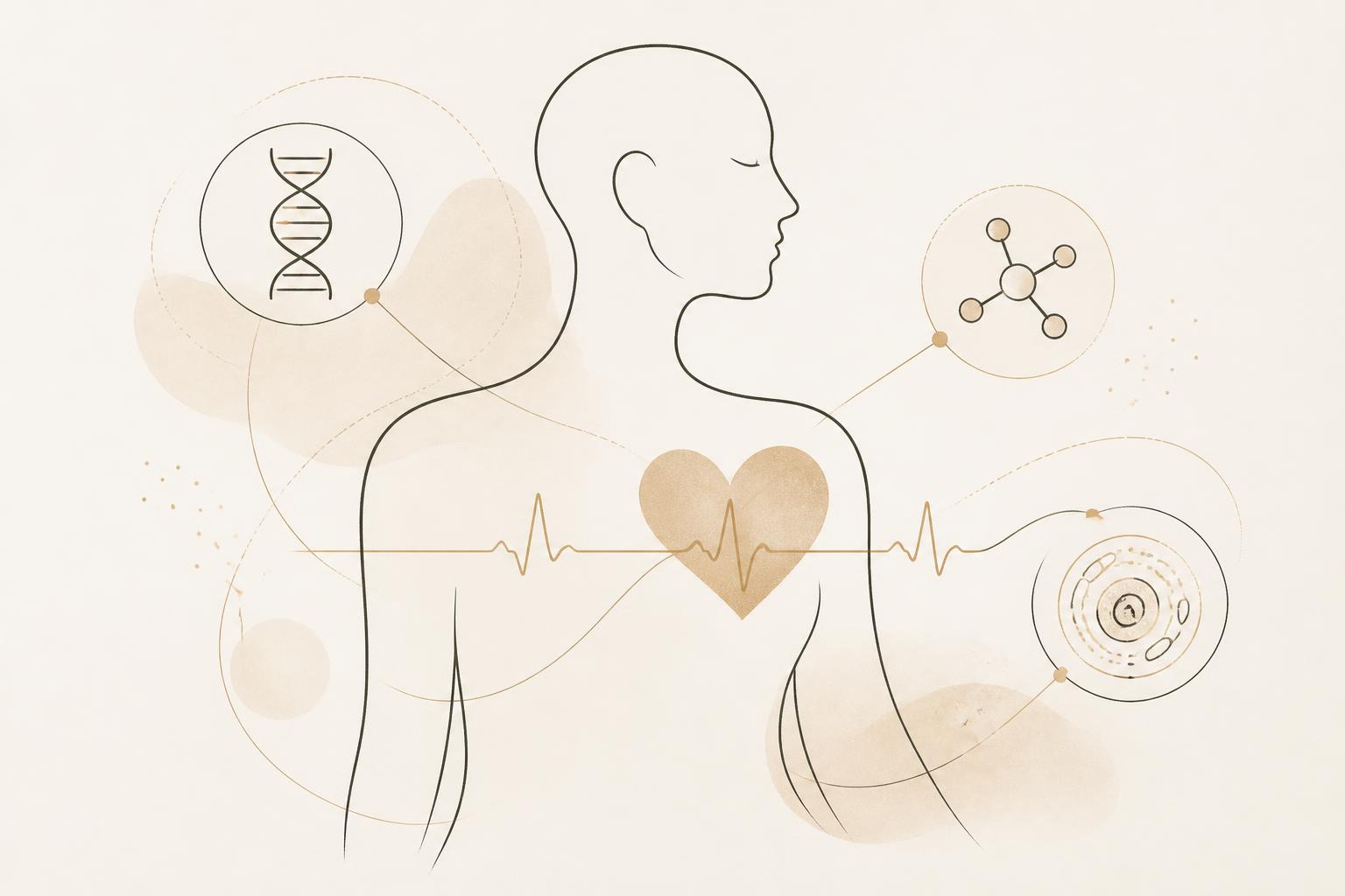 Illustration: menschliche Silhouette mit Herz, EKG-Linie und umgebenden Biomarker-Symbolen (DNA, Molekül, Zelle)