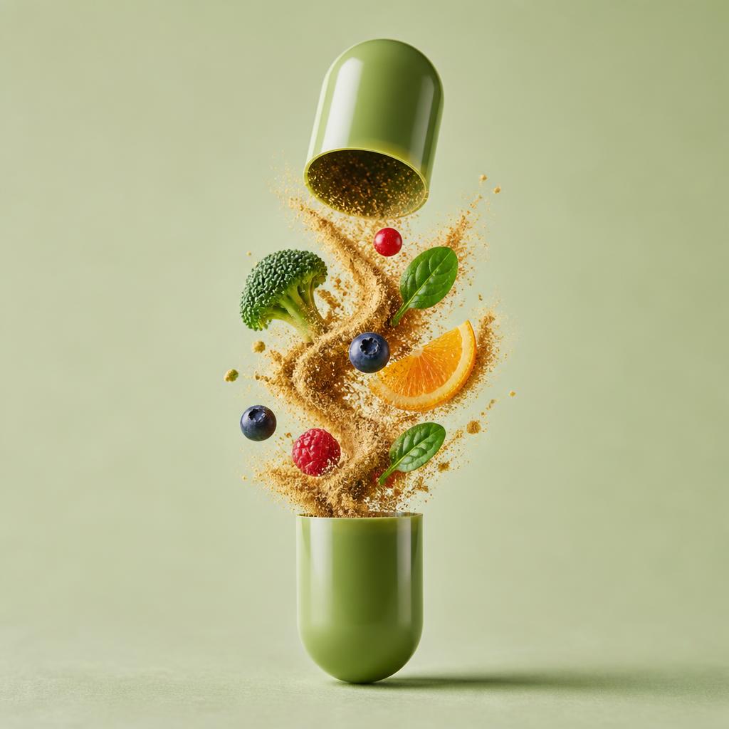 Geöffnete Multi-Kapsel mit Nährstoffpulver, Obst und Gemüse