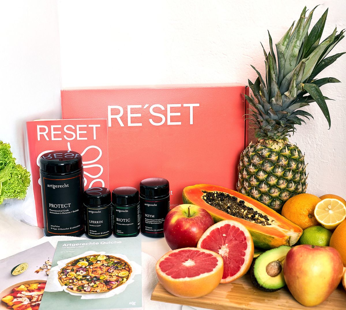 artgerecht Darmkur RESET – Paket mit den vier Präparaten, Broschüre, Rezeptkarten und frischen Lebensmitteln