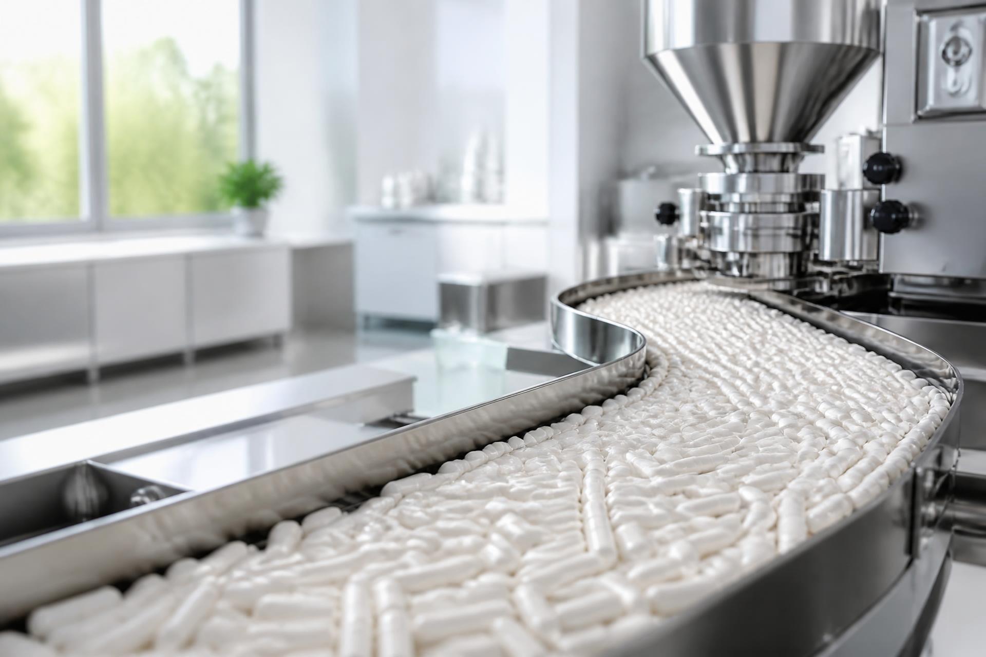 Einblick in die Supplement-Produktion: weiße Kapseln auf einem Edelstahl-Förderband in einer hellen, reinen Produktionsanlage